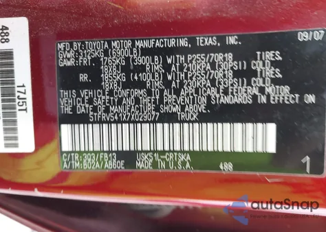 2007 Toyota Tundra Sr5 V8 from USA, damaged, VIN 5TFRV541X7X029077
